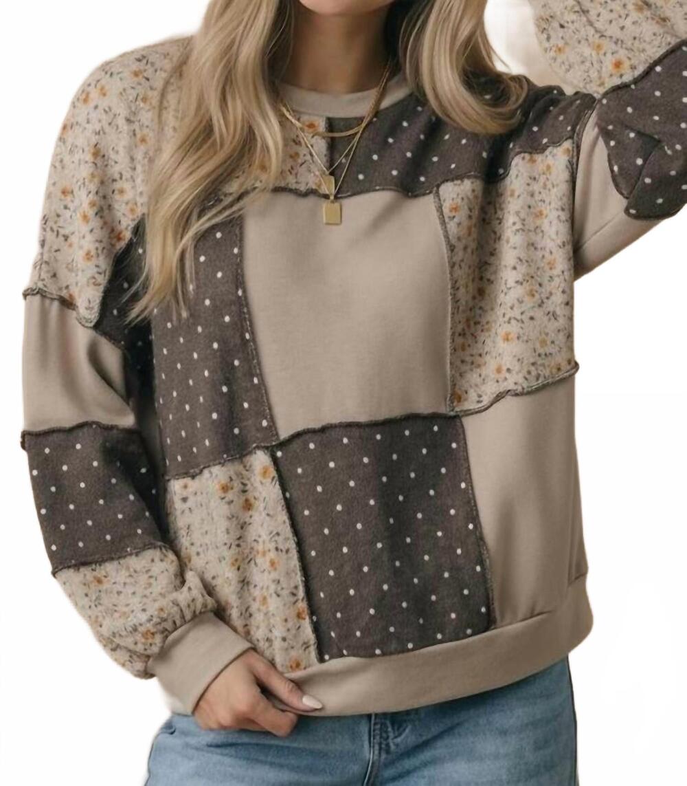 NEW HAPTICS patchwork floral and polka dot pullover sweatshirt in taupe